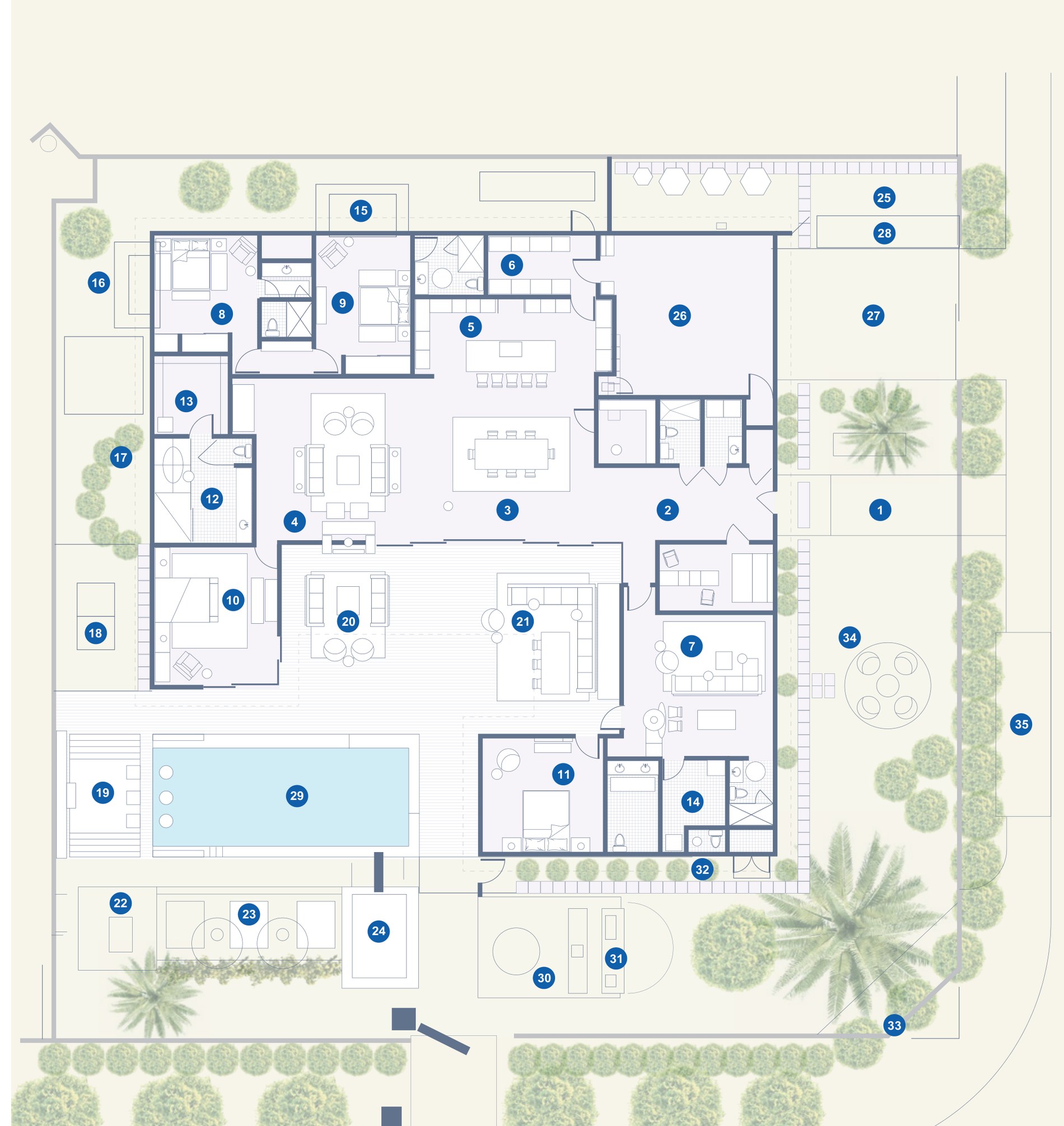 The floor plan of Above Palm Springs Sanctuary — a single-level L-shaped villa wrapped around the pool, with numbered rooms and grounds